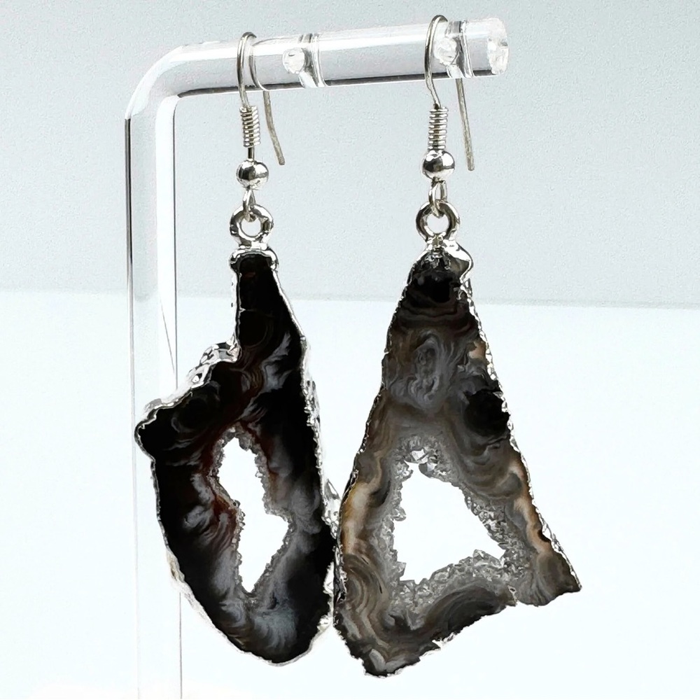 Boho Oco Agate Druzy Geode Earrings Black Brown Swirl Silver Trim Dangle‎ Drop